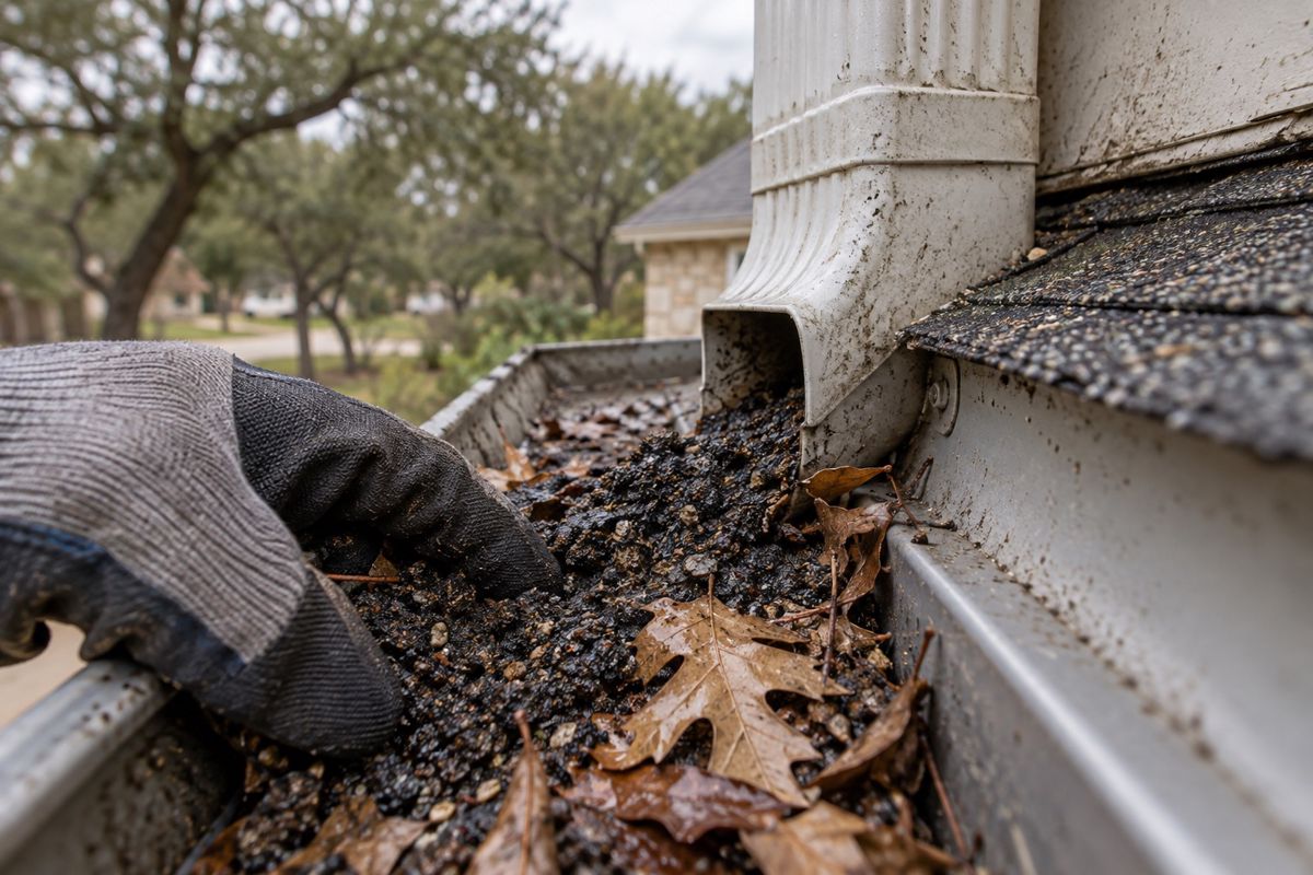 Dark shingle granules collected in the bottom of a rain gutter