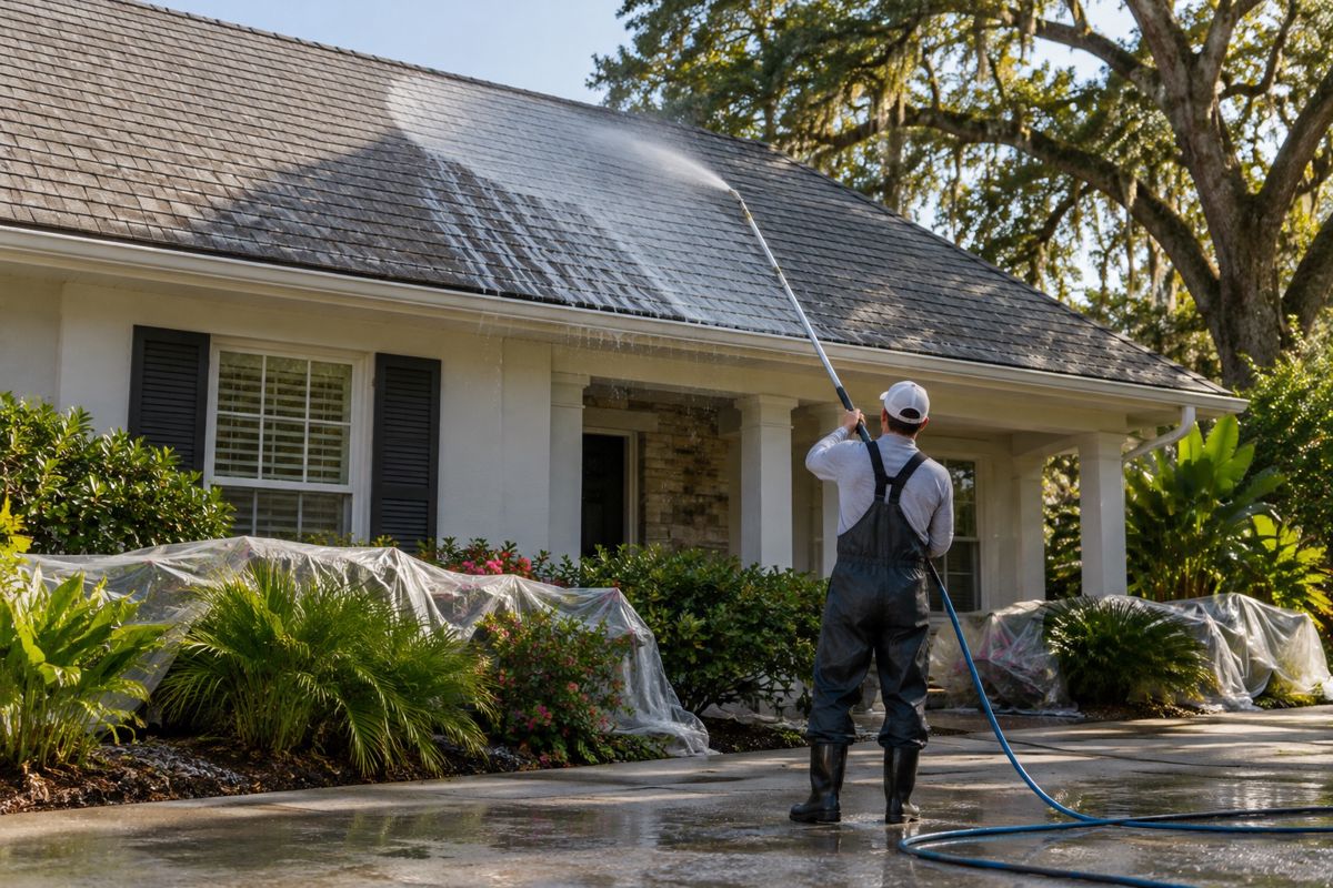 Worker applying cleaning solution to a shingle roof with a low-pressure wand