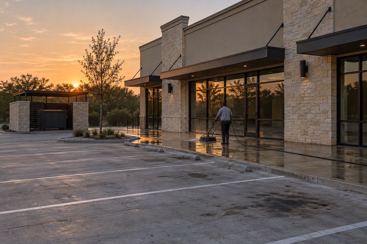 Worker washing the sidewalk in front of an Austin strip center at dawn