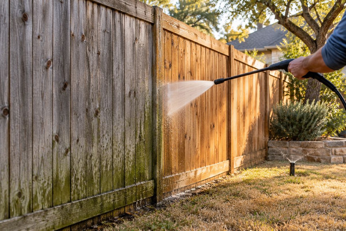 Cedar fence section half gray with mildew and half cleaned to warm tan