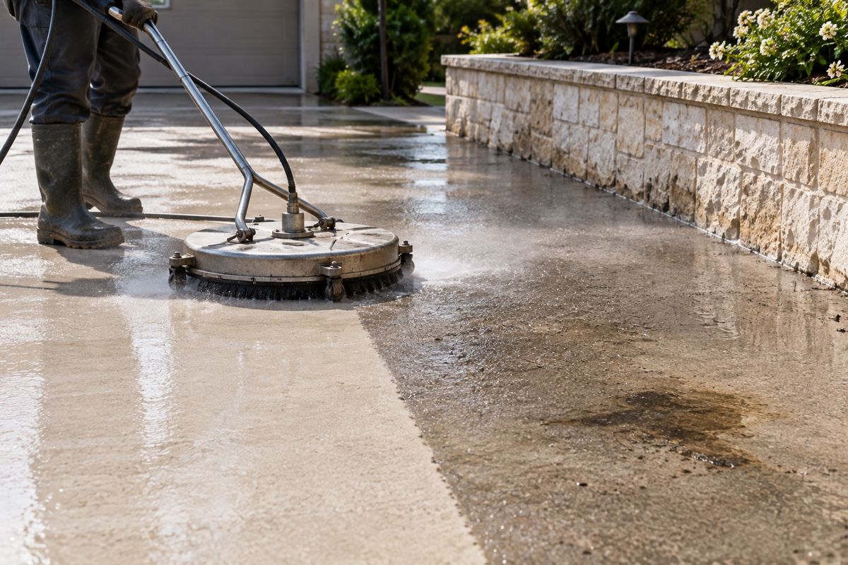 Surface cleaner leaving a clean pale path across a gray concrete driveway