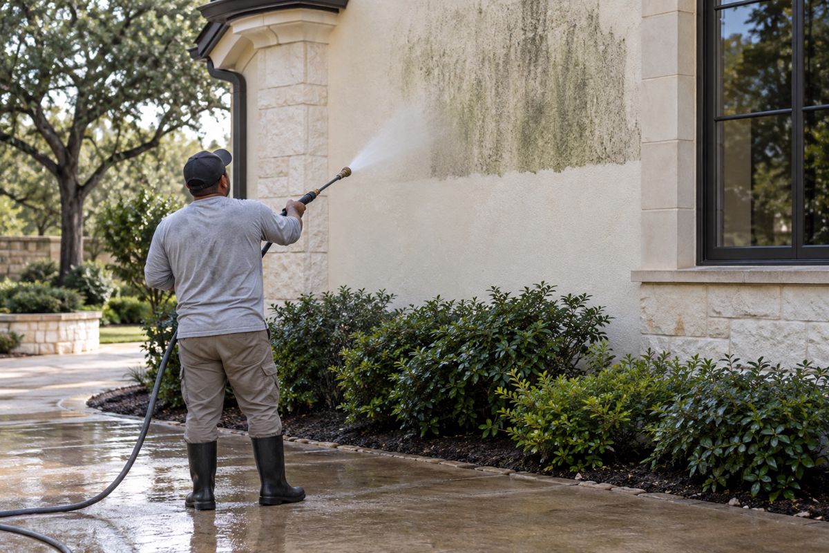 Worker rinsing a streaked stucco house wall with a gentle water spray