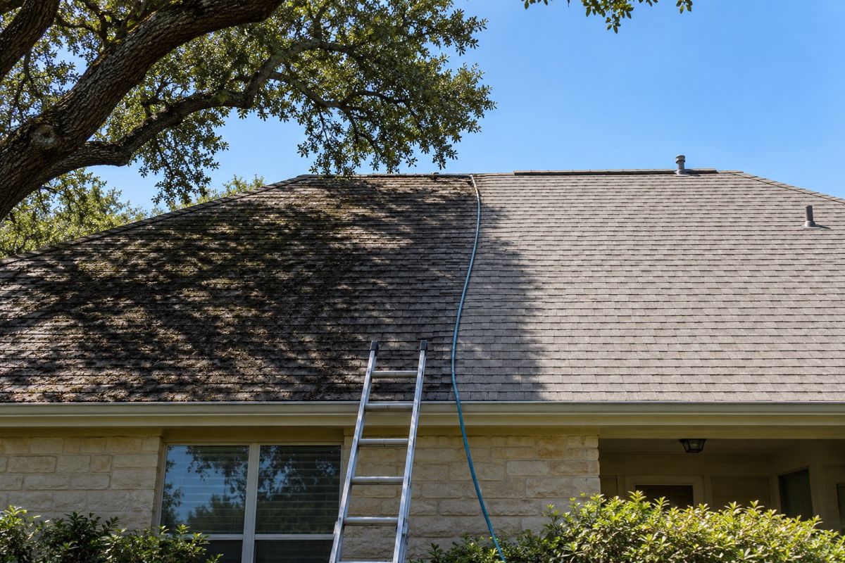 Asphalt shingle roof half covered in black algae and half cleaned